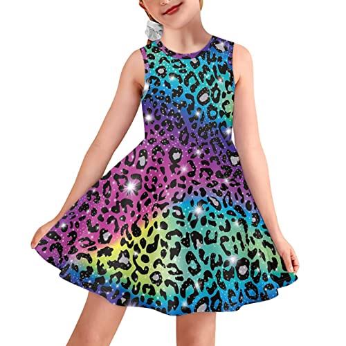 Dreaweet Süßes Mädchenkleid, lässig, lockeres Tank-Partykleid, Midi-Swing-Kleid, niedliches Etuikleid für Kinder von 3–16 Jahren, Buntes Glitzer-Leopardenmuster, 5-6 von Dreaweet