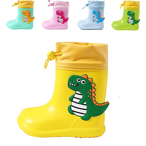 DRECAGE Kinder Gummistiefel Regenschuhe Rutschfest Leicht Regenstiefel für Jungen und Mädchen Dinosaurier Gelb 30 EU 200 MM von DRECAGE
