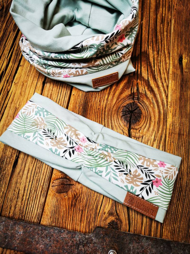 2-Farbiges Stirnband Mint Und Weiß Mit Palmblätter Mädchen Turban Raffung Bandana Headband Knotenhaarband von DreckspatzShop