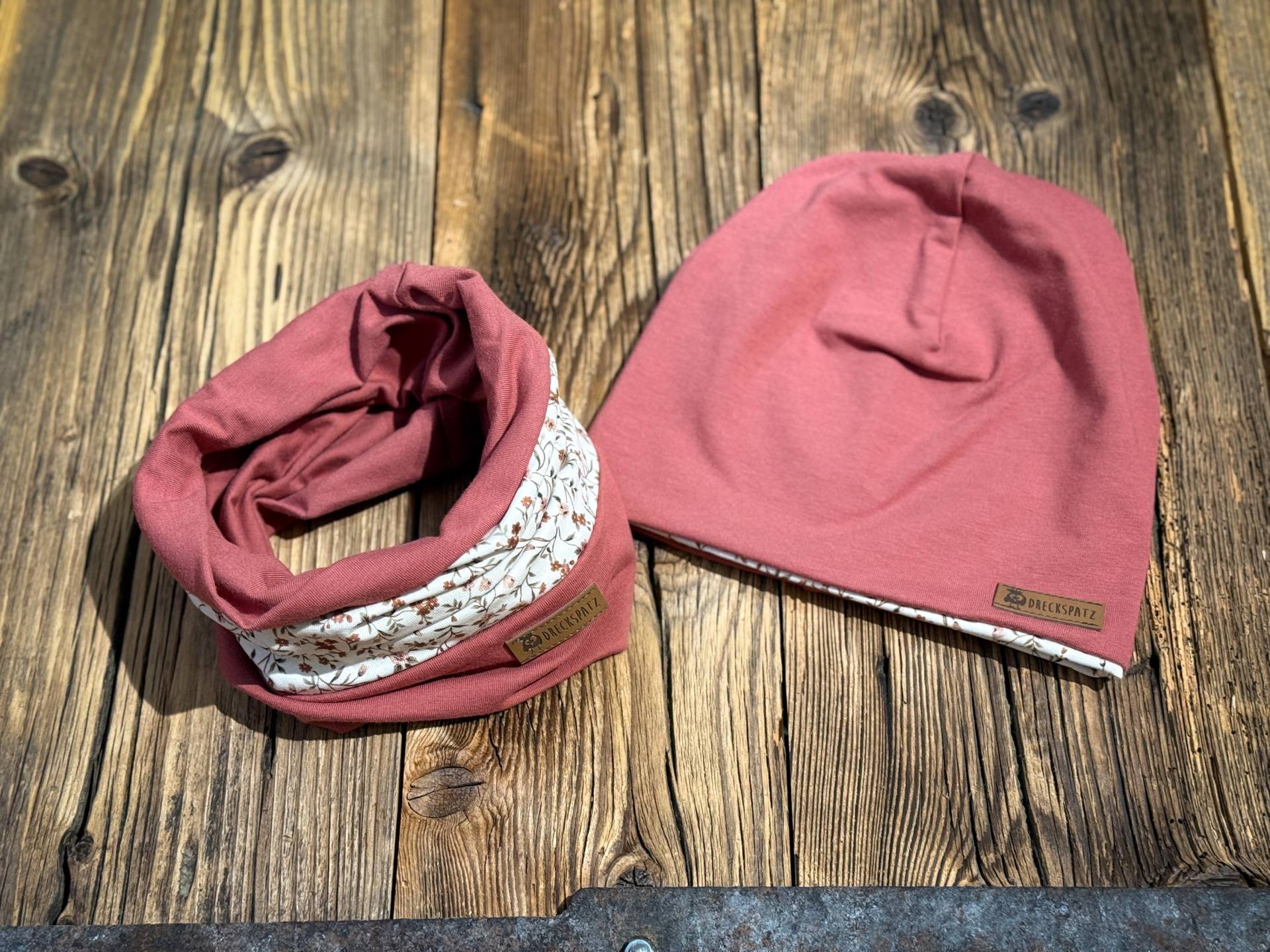 Set Aus Beanie Und Loop Altrot Mit Blümchen Jersey Mütze Herbst Schal von DreckspatzShop