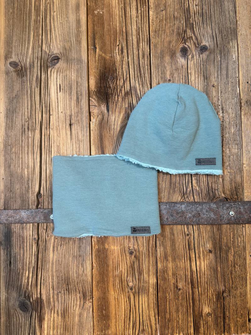 Set Aus Beanie Und Loop Gefüttert Mit Baumwollteddy Rippjersey in Mint von DreckspatzShop