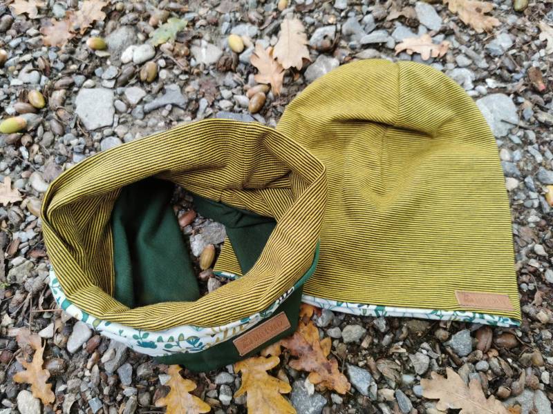 Set Aus Beanie Und Loop Senfgelb Grün Dinos Jungen Jersey Mütze Herbst Schal Loop von DreckspatzShop