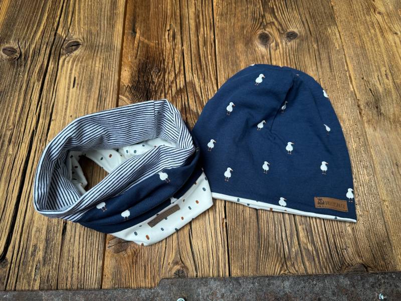 Set Aus Beanie Und Loop in Blau Mit Möwen Mütze Schal Für Jungen Mädchen von DreckspatzShop