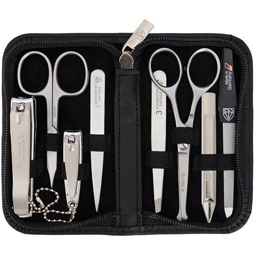 DREI SCHWERTER - 8-tlg. Maniküre Set für Männer | Premium Nagelpflegeset im Echtleder-Etui. Farbe: Schwarz | Inhalt: Nagelset, 8 Instrumente inkl. Bartschere, Nagelschere, Nagelknipser, Pinzette von Drei Schwerter