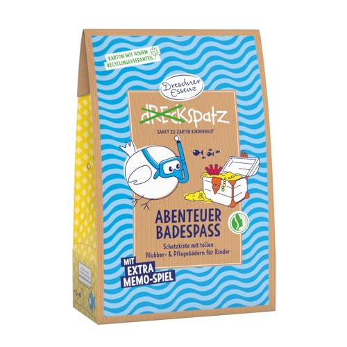 Dresdner Essenz Geschenkset Dreckspatz "Abenteuer Badespass" | Schatzkiste mit Badezusätzen für Kinder ab 3 Jahren | Naturkosmetik | vegan | Badesalz, Schaumbad, Sprudelbad und Memo-Spiel von Dresdner Essenz