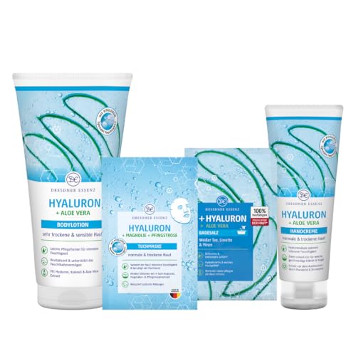 Dresdner Essenz Skin Essence – Hyaluron Pflegeset – Intensiv feuchtigkeitsspendendes 4-teiliges Körperpflege-Set mit Bodylotion, Badesalz, Tuchmaske & Handcreme – vegane Hautpflege mit Hyaluronsäure von Dresdner Essenz