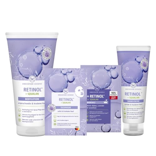 Dresdner Essenz Skin Essence – Retinol Pflegeset – Anti-Aging Körperpflege mit Retinol – 4-teiliges Beauty-Set mit Bodylotion, Tuchmaske, Badesalz & Handcreme – glättend & regenerierend – vegan von Dresdner Essenz