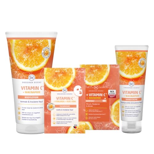 Dresdner Essenz Skin Essence – Vitamin C Pflegeset – 4-teiliges Körperpflege-Set mit Bodylotion, Badesalz, Tuchmaske & Handcreme – Glow-Effekt & Hauterneuerung – vegane Skincare Routine mit Vitamin C von Dresdner Essenz