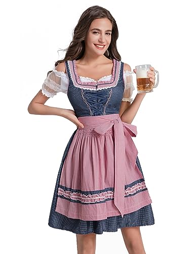 Dresime Dirndl Damen Midi Trachtenkleid Damen Blau Rose Kleid inkl.Dirndlbluse für Oktoberfest Outfit von Dresime