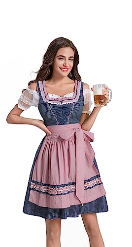 Dresime Dirndl Damen Midi Trachtenkleid Damen Blau Rose Kleid inkl.Dirndlbluse für Oktoberfest Outfit von Dresime