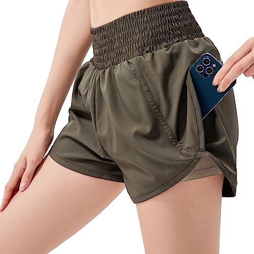 Dresime 2in1 Kurze Sporthose Damen Sport Shorts Sommer mit Radlerhose, Laufhose Kurz Hose Leggings mit Verstecken Taschen High Waist Schnell Trocknend Gym Running Fitness Hotpants(Grün,L von Dresime