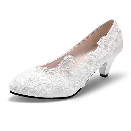 Brautschuhe Hochzeitsschuhe geschlossene Zehen-Kleid Pumpen Stiletto Absatz mit Nahtspitze, 5,1 cm, Weiá (weiß), 36 EU von Dress First