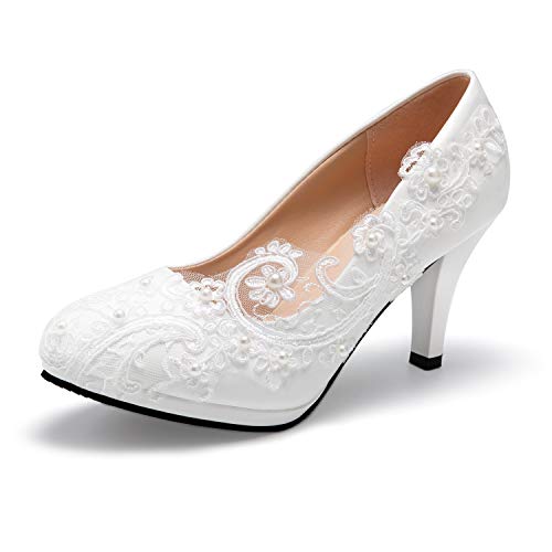 Bridal Wedding Shoes Closed Toe Dress Pumps Stiletto Heel with Stitching Lace，2.2“ White von Dress First