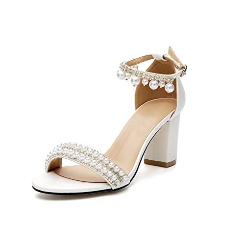 Damen-Brautschuhe, offener Zehenbereich, bequem, mittelhoher Blockabsatz, Knöchelriemen, Hochzeitskleid, Pump-Sandalen mit Perlenkette, Weiss/opulenter Garten, 40 EU von Dress First