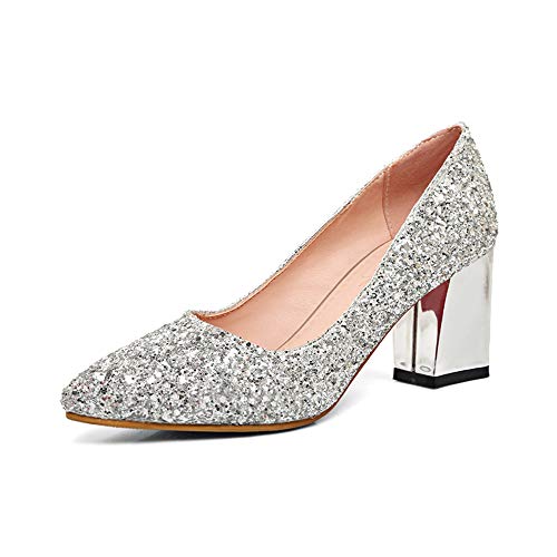 Damen Glitzernde Glitzer Chunky Heel Geschlossene Zehen Pumps Bequeme Mid Blockabsatz Slip-on Klassische Party Kleid Schuhe, Silber (silber), 37.5 EU von Dress First