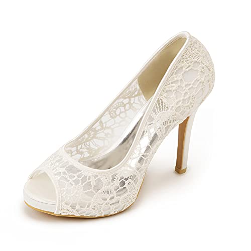 Damen Spitze Stiletto High Heels Peep Toe Plateau Sandalen Slip On Hochzeit Pumps Brautkleid Schuhe 10,2 cm, Elfenbein, 38.5 EU von Dress First