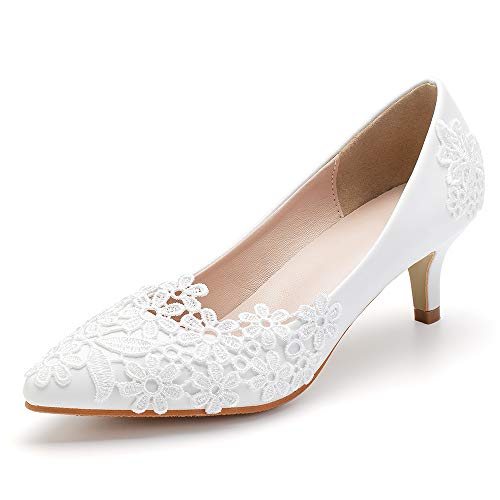 Dress First Damen Pumps mit niedrigem Absatz, geschlossene Zehenpartie, spitze Hochzeits-Brautschuhe mit Nähten, Weiß a, 39 EU von Dress First