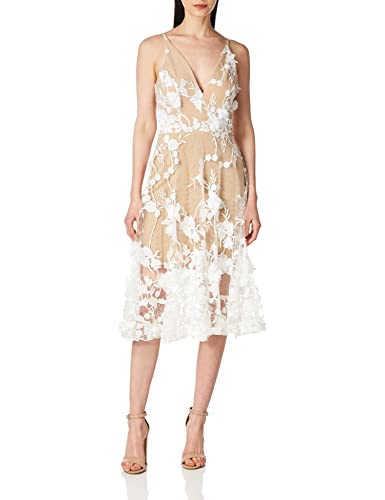 Dress the Population Damen Audrey Spaghetti Strap Midi A-line 3d Floral Dress Kleid fr besondere Anlsse, Weiß/Nude, L EU von Dress the Population