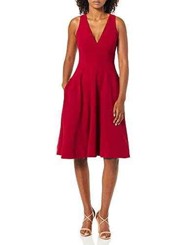 DRESS THE POPULATION Damen Catalina Solid Sleeveless Fit & Flare Midi Dress Kleid, Granat, Mittel von Dress the Population