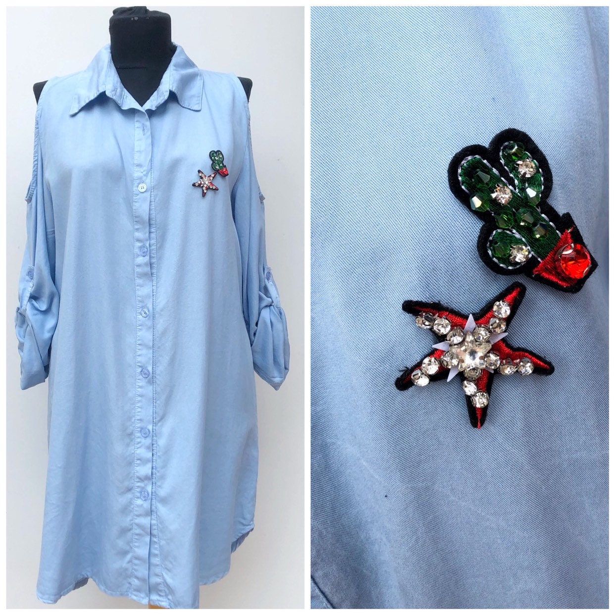 Blaue Langarm-Shirt-Kleid, Kalte Schulter Blau Kleid, Blaues Lässiges Button Down Lange Shirt Blaue Tunika Geknöpft von DressPaletteStore