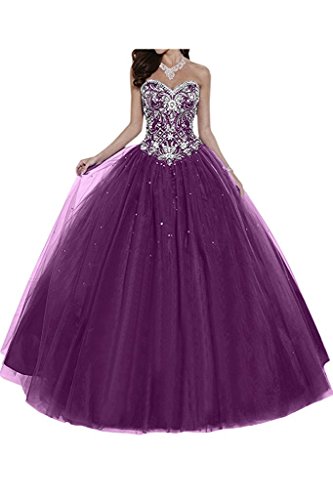 Dresses Onlie Damen Hochzeitskleider Lange Quinceanera Kleider Prinzessin Perlstickerei Abendkleider Ballkleider(Violett,34) von Dresses Onlie