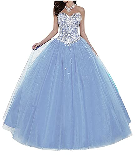 Dresses Onlie Damen Prinzessin Strass Quinceanera Kleider Perlen Abendkleider Lang Hochzeitskleider Elegant Ballkleid(Blau 01,48) von Dresses Onlie