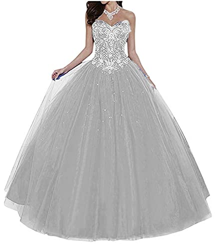 Dresses Onlie Damen Prinzessin Strass Quinceanera Kleider Perlen Abendkleider Lang Hochzeitskleider Elegant Ballkleid(Silber,40) von Dresses Onlie