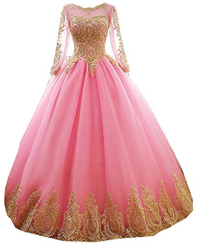 Dresses Onlie Damen Rundhals Quinceanera Kleider Mit Langarm Prinzessin Applikationen Hochzeitskleider Lang Abendkleider Ballkleider(Rosa,32) von Dresses Onlie