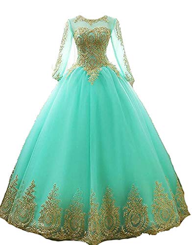 Dresses Onlie Damen Rundhals Quinceanera Kleider Mit Langarm Prinzessin Applikationen Hochzeitskleider Lang Abendkleider Ballkleider(Türkis,40) von Dresses Onlie