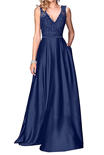 Dresses Onlie Damen Satin Abendkleider V-Ausschnitt Brautjunfer Kleid Lang Partykleid Cocktailkleid(Navy Blau,36) von Dresses Onlie