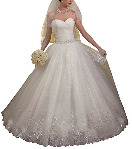 Dresses Onlie Damen Shiny Pailletten Hochzeitskleider Elegant Brautkleider Prinzessin Schatzhals Abendkleider(Weiß,46) von Dresses Onlie