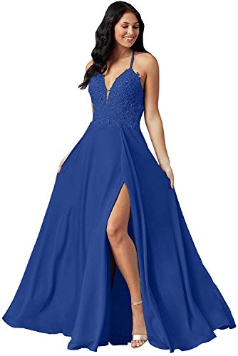 Dresses Onlie Damen Straps Abendkleider Lang Sexy High Split Ballkleid Spitze Brautjungfernkleider Hochzeit Kleid Brautkleid(Königsblau,36) von Dresses Onlie