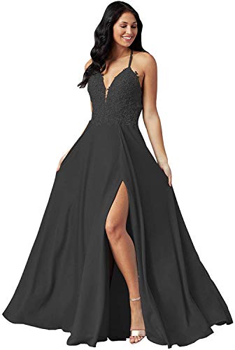 Dresses Onlie Damen Straps Abendkleider Lang Sexy High Split Ballkleid Spitze Brautjungfernkleider Hochzeit Kleid Brautkleid(Schwarz,38) von Dresses Onlie