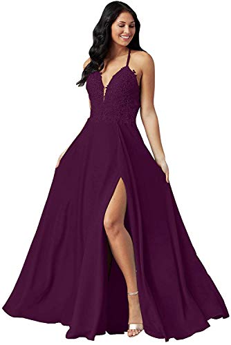 Dresses Onlie Damen Straps Abendkleider Lang Sexy High Split Ballkleid Spitze Brautjungfernkleider Hochzeit Kleid Brautkleid(Traube,40) von Dresses Onlie