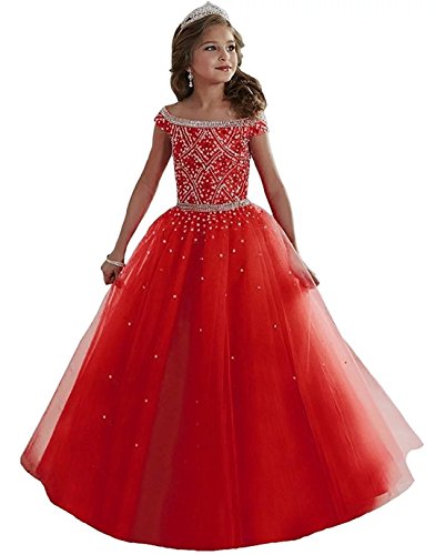 Dresses Onlie Mädchen Perlen Blumenmädchen Kleider Bodenlanges Kinderkleid Erste Kommunikation Kleider Ballkleid Partyskleid(Rot,10-11 jahre) von Dresses Onlie