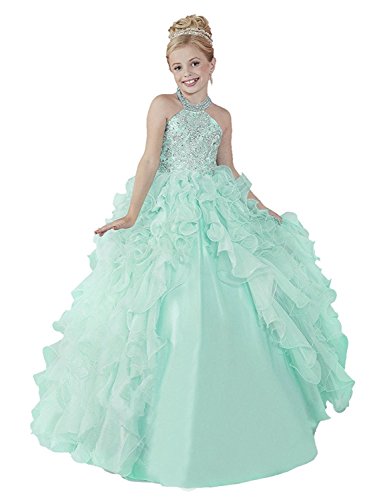 Dresses Onlie Mädchen Prinzessin Blumenmädchenkleider Hochzeit Festzug Kleid Kinderkleid Perlstickerei Kommunionkleid Rüschen Partyskleid(Minze,11-12 Jahre) von Dresses Onlie