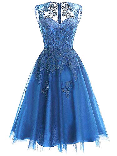 Dresses onlie Damen Schatzhals Abendkleider Kurz Spitze Ballkleider Elegant Brautjungfernkleider Partykleider(Blau,36) von Dresses onlie