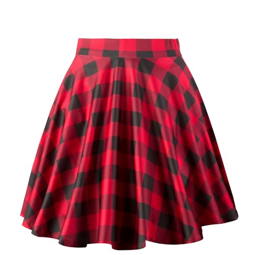 Dressever Damen Basic Vielseitige Dehnbaren Informell Casual Mini Hohe Taille A-Linie Tennisrock Tanzrock Black Red Plaid Large von Dressever