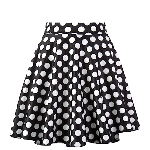 Dressever Damen Basic Vielseitige Dehnbaren Informell Casual Mini Hohe Taille A-Linie Tennisrock Tanzrock Black White Dot Large von Dressever