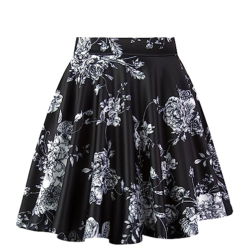 Dressever Damen Basic Vielseitige Dehnbaren Informell Casual Mini Hohe Taille A-Linie Tennisrock Tanzrock Floral Large von Dressever