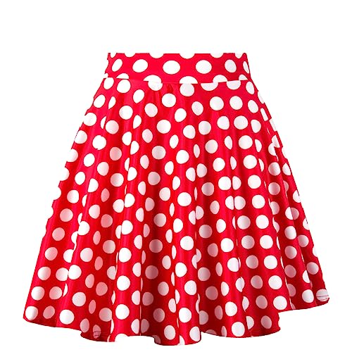 Dressever Damen Basic Vielseitige Dehnbaren Informell Casual Mini Hohe Taille A-Linie Tennisrock Tanzrock Red White Dot Large von Dressever