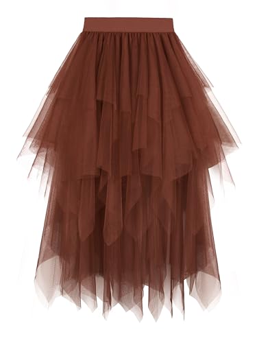 Dressever Damen Unregelmäßiger Tüllrock Mehrschichtiger Mesh Faltenrock A-Linie Hoher Taillierter Rock Ballett Tutu Abschlussball Party Karneval Party Rock Braun X-Large von Dressever