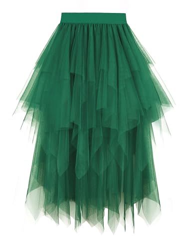 Dressever Damen Unregelmäßiger Tüllrock Mehrschichtiger Mesh Faltenrock A-Linie Hoher Taillierter Rock Ballett Tutu Abschlussball Party Karneval Party Rock Dunkelgrün Small von Dressever