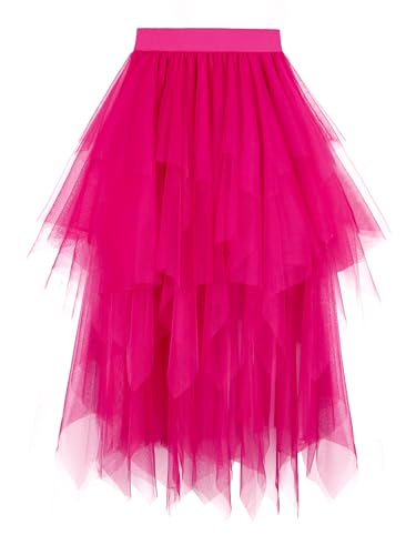 Dressever Damen Unregelmäßiger Tüllrock Mehrschichtiger Mesh Faltenrock A-Linie Hoher Taillierter Rock Ballett Tutu Abschlussball Party Karneval Party Rock Fuchsia Medium von Dressever