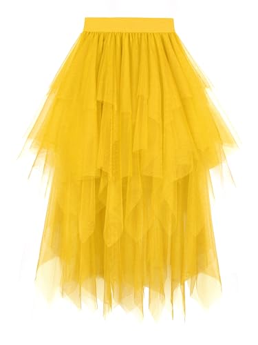 Dressever Damen Unregelmäßiger Tüllrock Mehrschichtiger Mesh Faltenrock A-Linie Hoher Taillierter Rock Ballett Tutu Abschlussball Party Karneval Party Rock Gold Small von Dressever