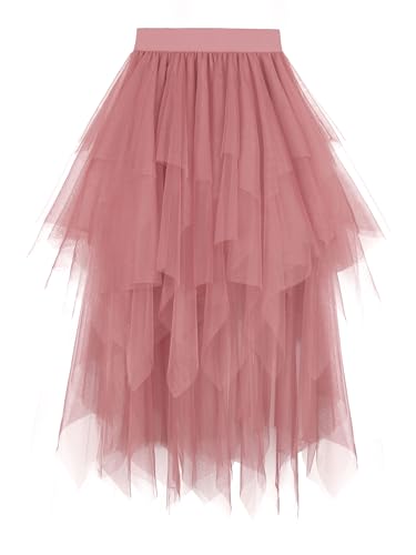 Dressever Damen Unregelmäßiger Tüllrock Mehrschichtiger Mesh Faltenrock A-Linie Hoher Taillierter Rock Ballett Tutu Abschlussball Party Karneval Party Rock Rosa Small von Dressever