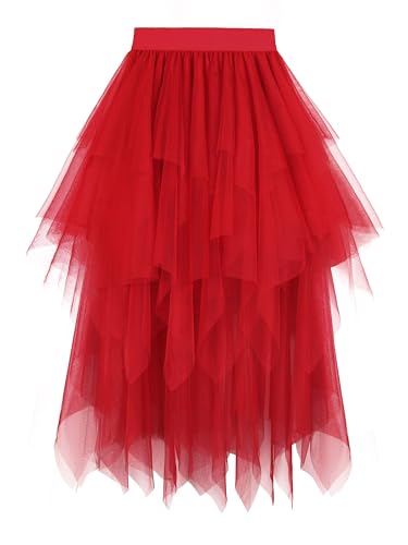 Dressever Damen Unregelmäßiger Tüllrock Mehrschichtiger Mesh Faltenrock A-Linie Hoher Taillierter Rock Ballett Tutu Abschlussball Party Karneval Party Rock Rot Small von Dressever