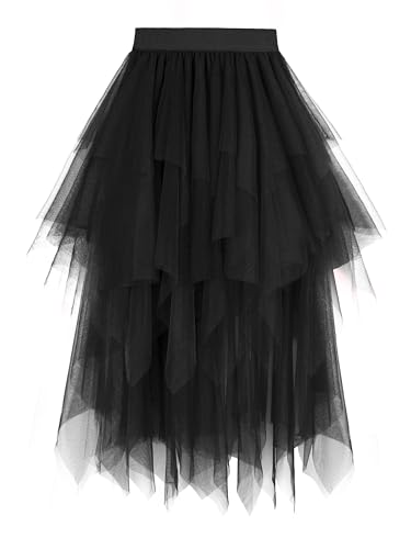 Dressever Damen Unregelmäßiger Tüllrock Mehrschichtiger Mesh Faltenrock A-Linie Hoher Taillierter Rock Ballett Tutu Abschlussball Party Karneval Party Rock Schwarz Medium von Dressever