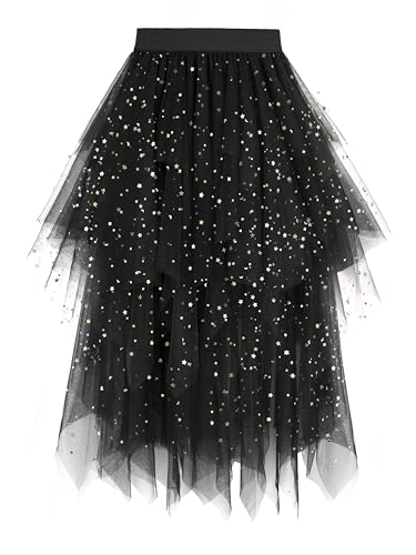 Dressever Damen Unregelmäßiger Tüllrock Mehrschichtiger Mesh Faltenrock A-Linie Hoher Taillierter Rock Ballett Tutu Abschlussball Party Karneval Party Rock Schwarz Sequin Small von Dressever