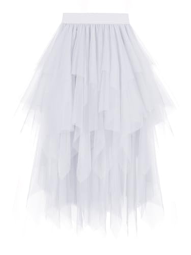 Dressever Damen Unregelmäßiger Tüllrock Mehrschichtiger Mesh Faltenrock A-Linie Hoher Taillierter Rock Ballett Tutu Abschlussball Party Karneval Party Rock Weiß Large von Dressever